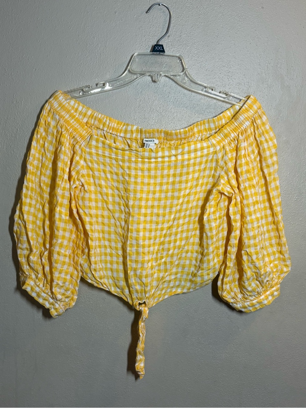 Women’s Forever 21 Yellow Gingham Off-Shoulder Tie-Front Top sz med